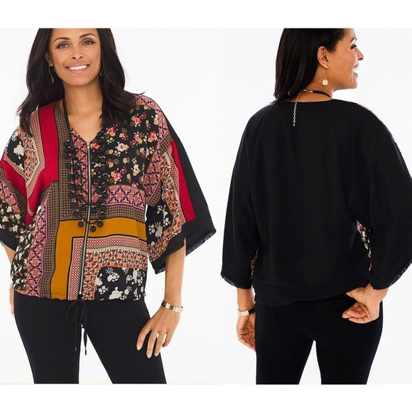 Chico's Tops - Chico's Women's Multicolor Bohemian Patchwork Zipper Front Top Size 4-6
